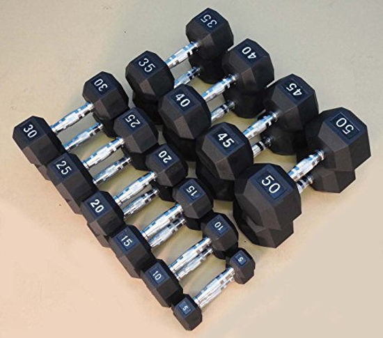 Picture of TDS Thick Rubber Coated Hex Dumbells 550 lbs. with Chrome Plated Contour Shaped Solid Steel Handles. The Package Consists of: One Pair of Each 5, 10, 15, 20, 25, 30, 35, 40, 45 & 50lbs