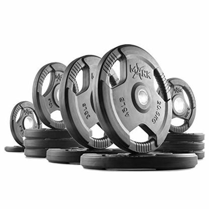 Picture of XMark TRI-Grip 225 lb Set Olympic Plates, One-Year Warranty, Olympic Weight Plates, Classic Design, Rubber Coated Olympic Weight Plate Set, Olympic Barbell Weight Set for Home