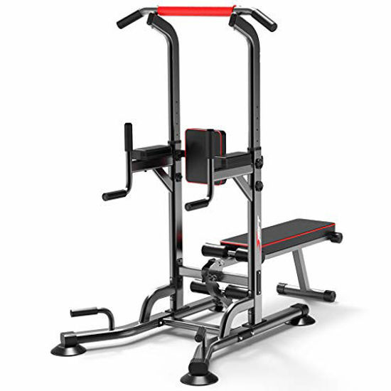 Picture of vin Power Tower Pull Up Bar Dip Station Adjustable Height Strength Training Workout Equipment with Dumbbell Bench for Home Gym