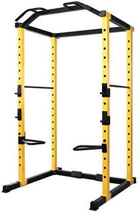 Picture of HulkFit 1000-Pound Capacity Multi-Function Adjustable Power Cage with J-Hooks and Dip Bars, Power Cage Only, Yellow