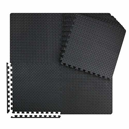 Picture of innhom 12 Black Tiles Gym Mat Puzzle Exercise Mats Interlocking Foam Mats Protective Flooring Mats with EVA Foam Floor Tiles for Gym Equipment Workouts