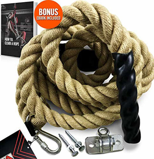 Picture of Easy-Install Manila Hemp Gym Climbing Rope w/ Bracket & Carabiner for Indoor & Outdoor Crossfit Exercise, Home Training and Fitness Workouts (1.5 in Thickness & 15/20/25 ft Length Available) (15.00)
