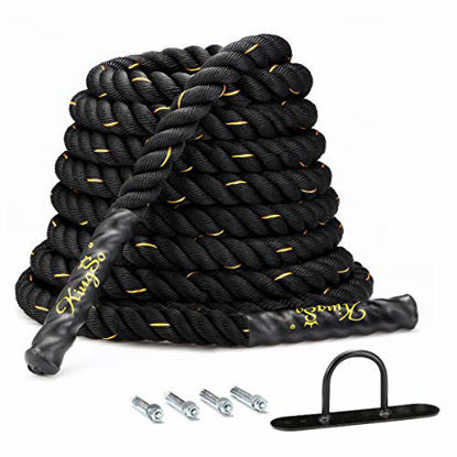 Picture of KINGSO Battle Rope 1.5 Inch Heavy Battle Exercise Training Rope 30ft Length Workout Rope 100% Dacron Fitness Rope for Strength Training Home Gym Outdoor Cardio Workout, Anchor Included