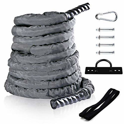 Picture of Sotech Fitness Battle Rope with Anchor Strap & Wall Mount Bracket Kit Set,Durable Nylon Grey Protective Sleeve,1.5'' 30ft Poly Dacron Undulation Jump Rope for Cardio Workout Training